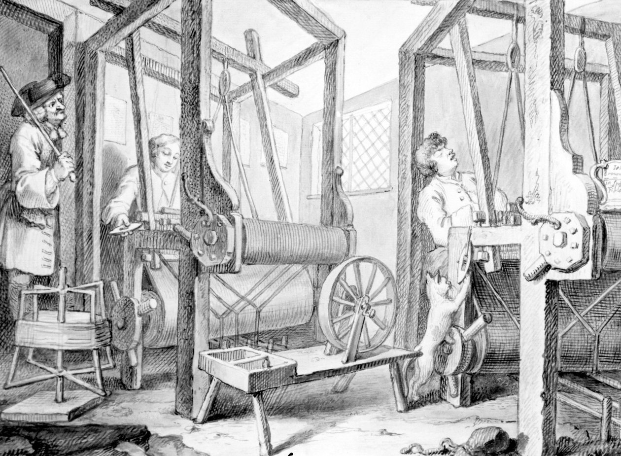 The Fellow Prentices at their Looms Representing Industry and Idleness, 1747 (vask, penn og blekk og grafitt på papir) av William Hogarth