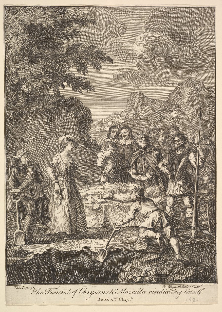 The Funeral of Chrystom & Marcella stadfester seg selv seks illustrasjoner for Don..., 1756 eller senere. av William Hogarth