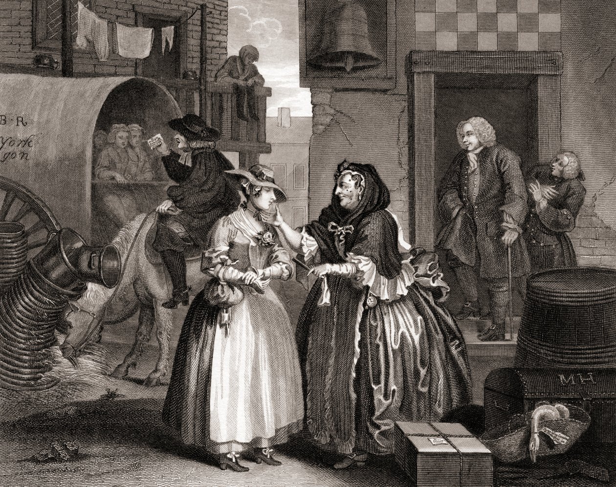 The Harlots Progress fanget av en anskaffer, fra The Works of Hogarth publisert London 1833 (bw gravering) av William Hogarth