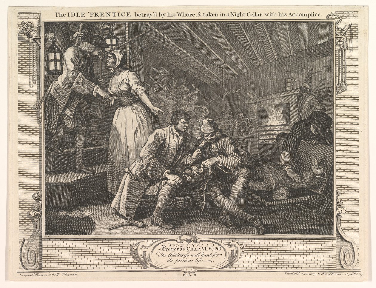 The Idle Prentice Betrayed by his Whore and Taken in a Night Cellar with hi..., 30. september 1747. av William Hogarth