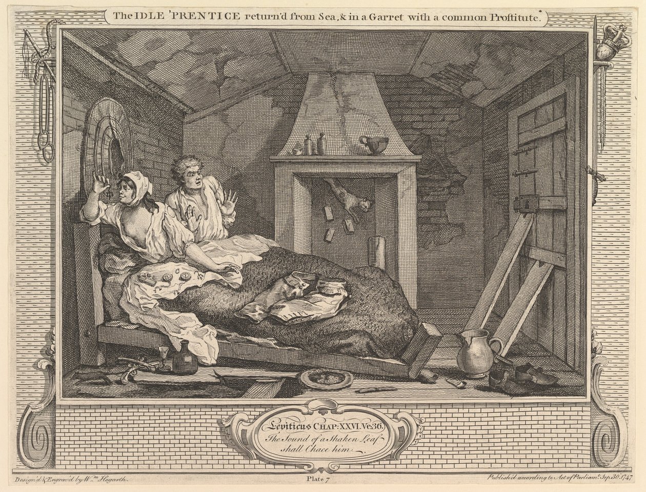 The Idle Prentice kom tilbake fra havet og i en garret med en vanlig prostituert..., 30. september 1747. av William Hogarth