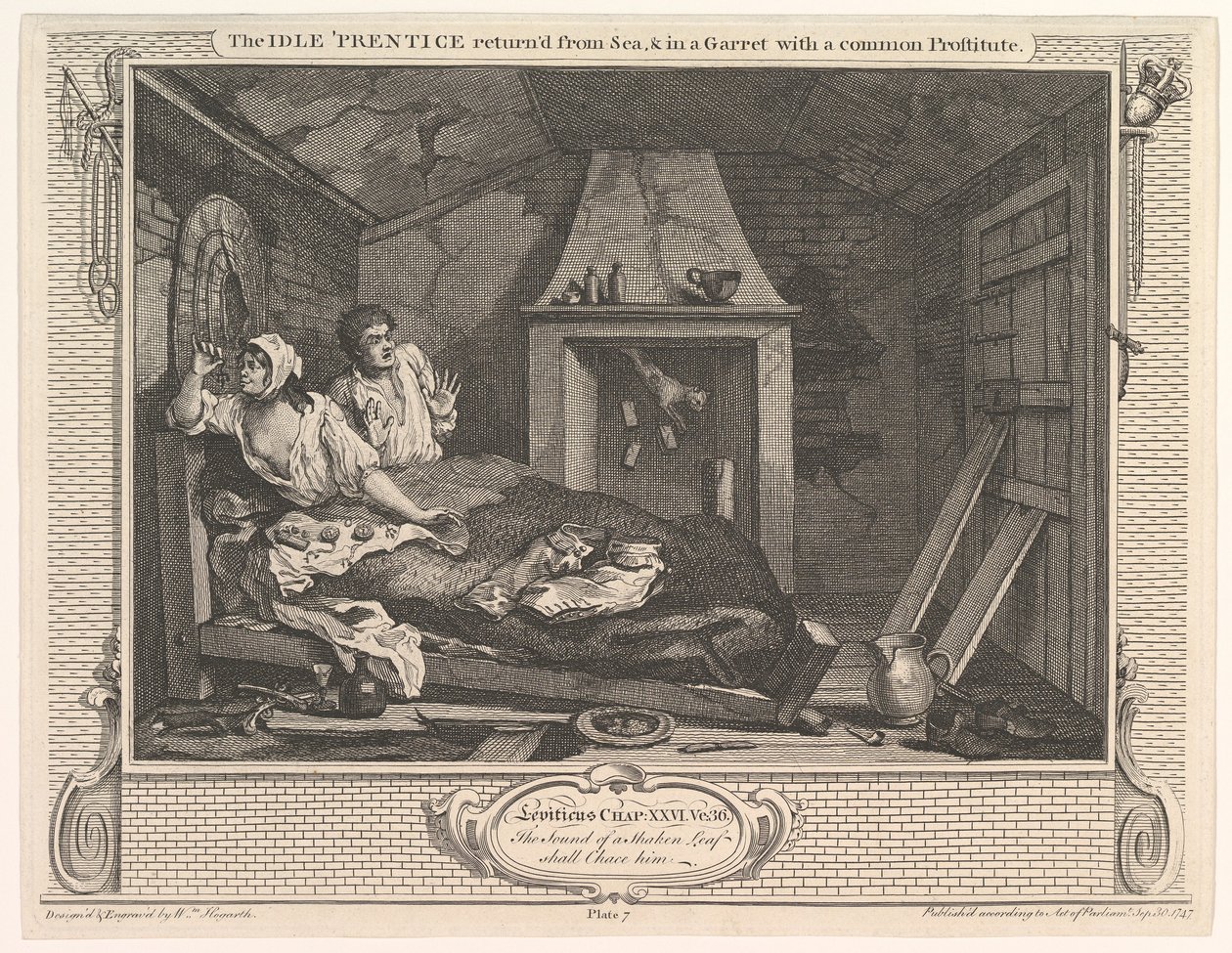 The Idle Prentice kom tilbake fra havet og i en garret med en vanlig prostituert..., 30. desember 1747. av William Hogarth