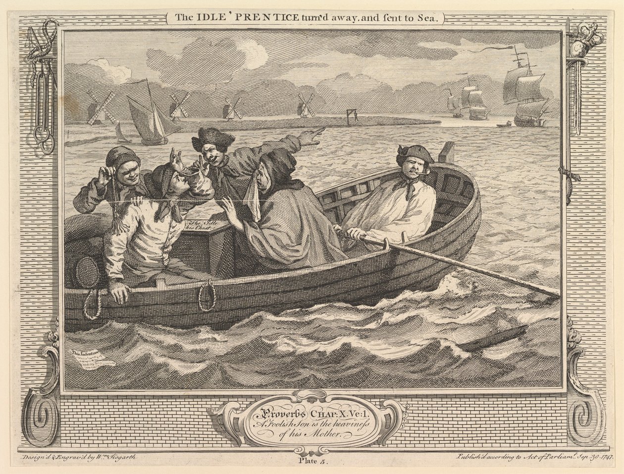 The Idle Prentice Turned Away and Send to Sea: Industry and Idleness, plate 5, 30. september 1747. av William Hogarth