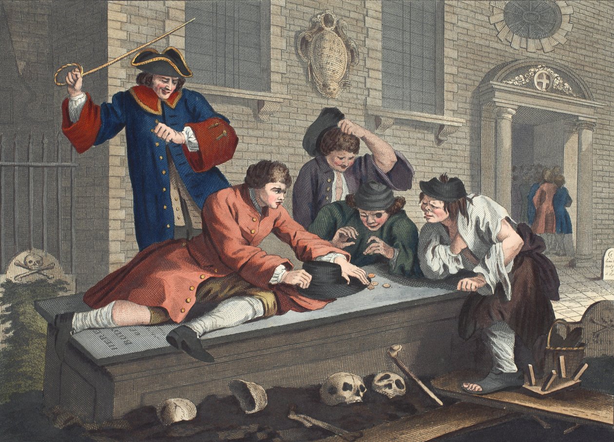The Idle 'Prentice at Play in the Church Garden Under Divine Service, plate III av 'Industry and Idleness', illustrasjon fra 'Hogarth Restored: The Whole Works of the celebrated William Hogarth, re-eng av William Hogarth