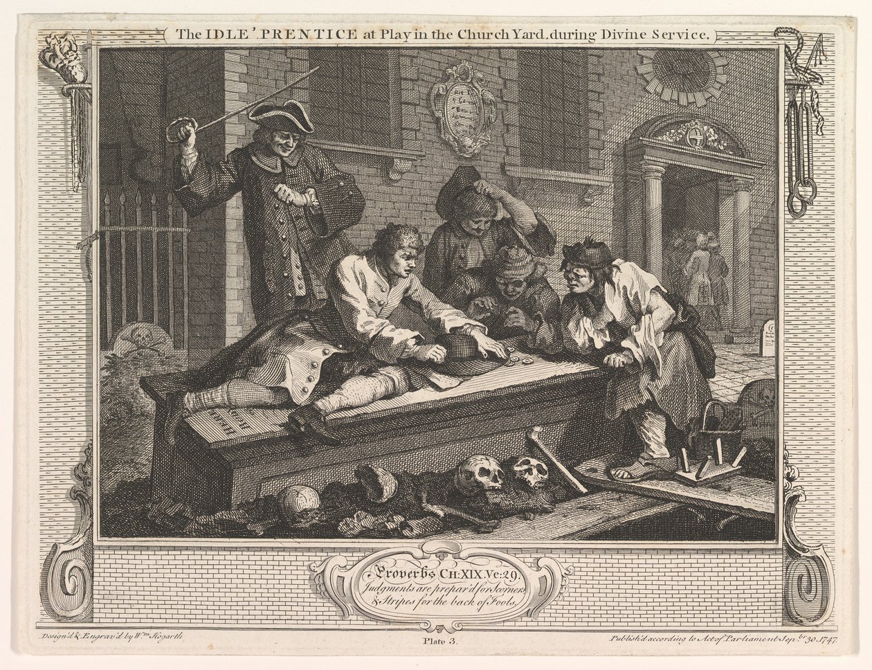 The Idle Prentice at Play in the Church Yard Industry and Idleness, plate 3, 30. september 1747. av William Hogarth
