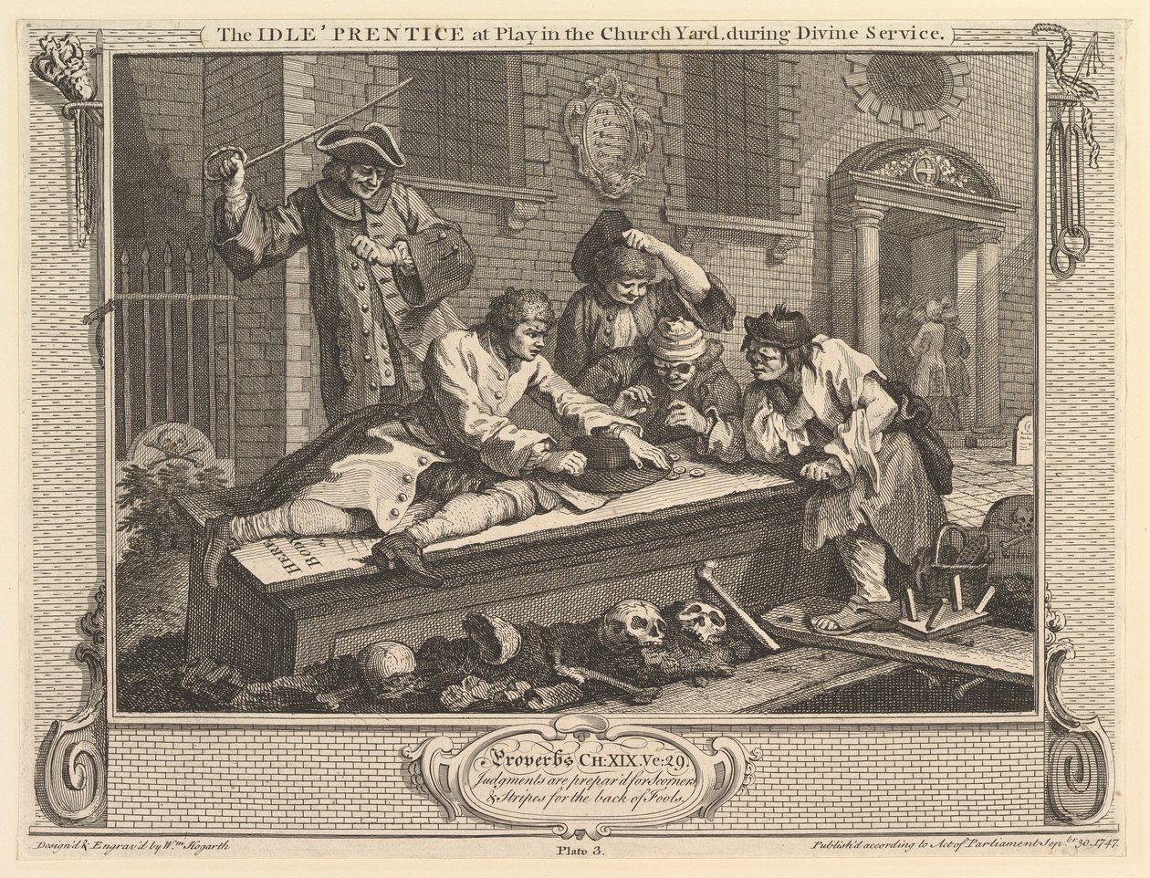 The Idle Prentice at Play in the Churchyard: Industry and Idleness, plate 3, 30. september 1747. av William Hogarth