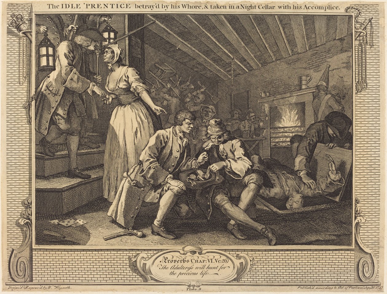 Den ledige 'Prentice' forrådt av sin hore, og tatt i en nattkjeller med sin medskyldige av William Hogarth