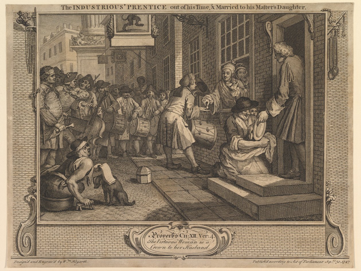 Den flittige lærlingen er utlært og gift med sin mesters datter: Flid og latskap, tavle 6 av William Hogarth