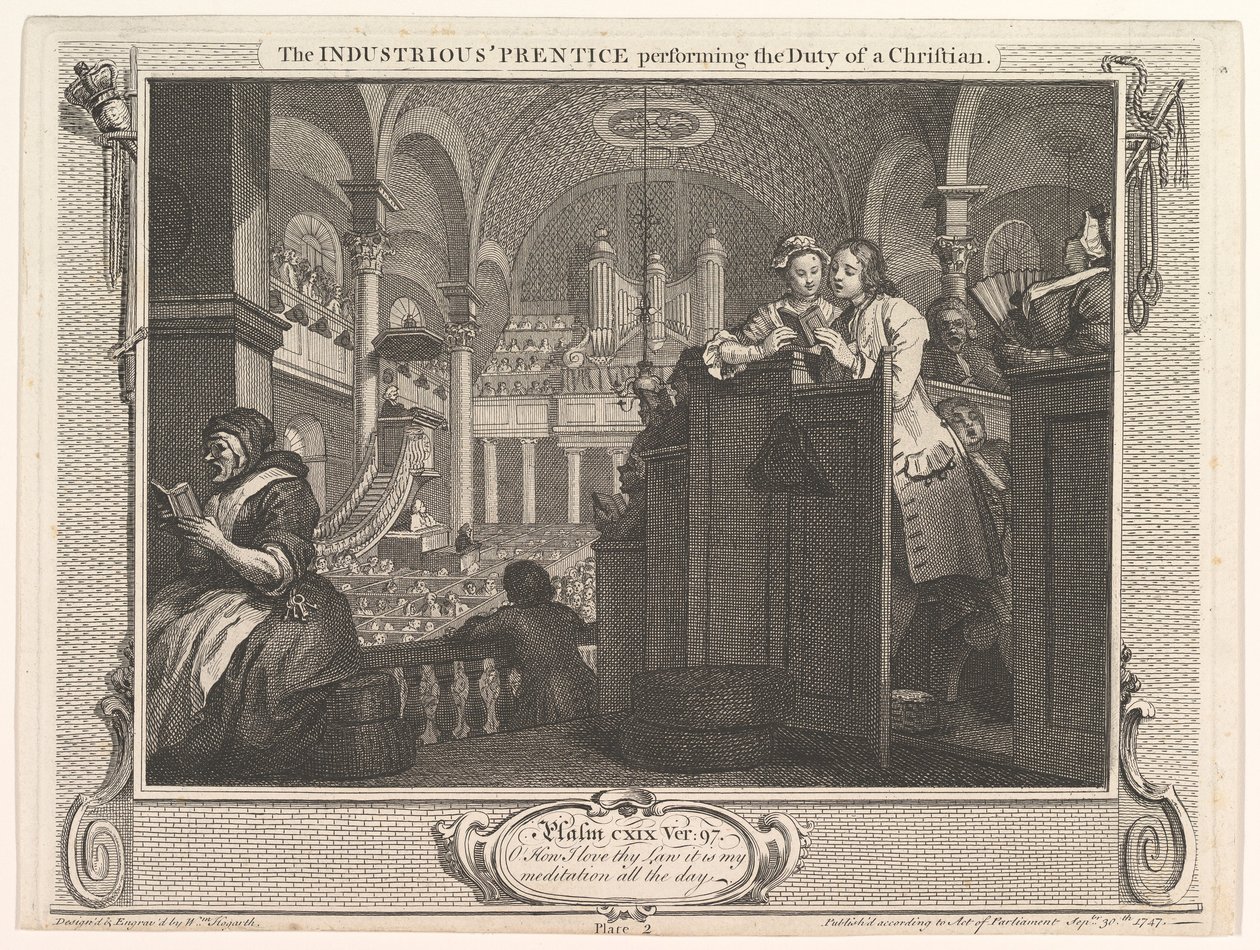 The Driftous Prentice Performing the Duty of a Christian Industry and I..., 30. september 1747. av William Hogarth