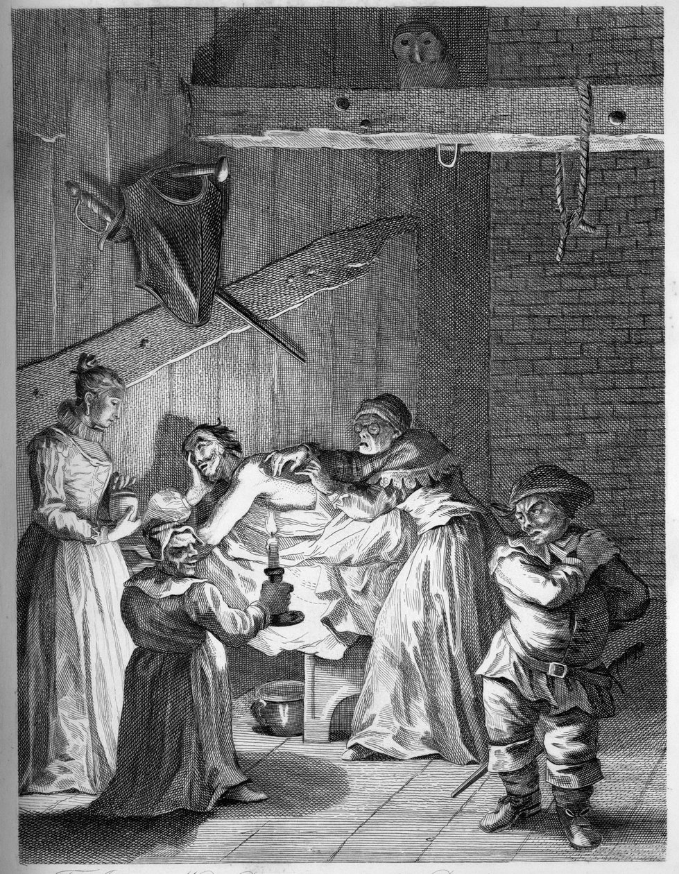 Innkeepers kone og datter tar vare på Don etter å ha blitt slått og forslått av William Hogarth