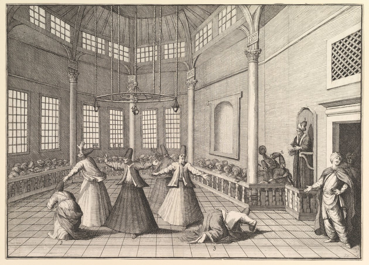 Innsiden av en moske, dervisjene som danser Aubry de La Mottrayes reiser gjennom..., 1723-24. av William Hogarth