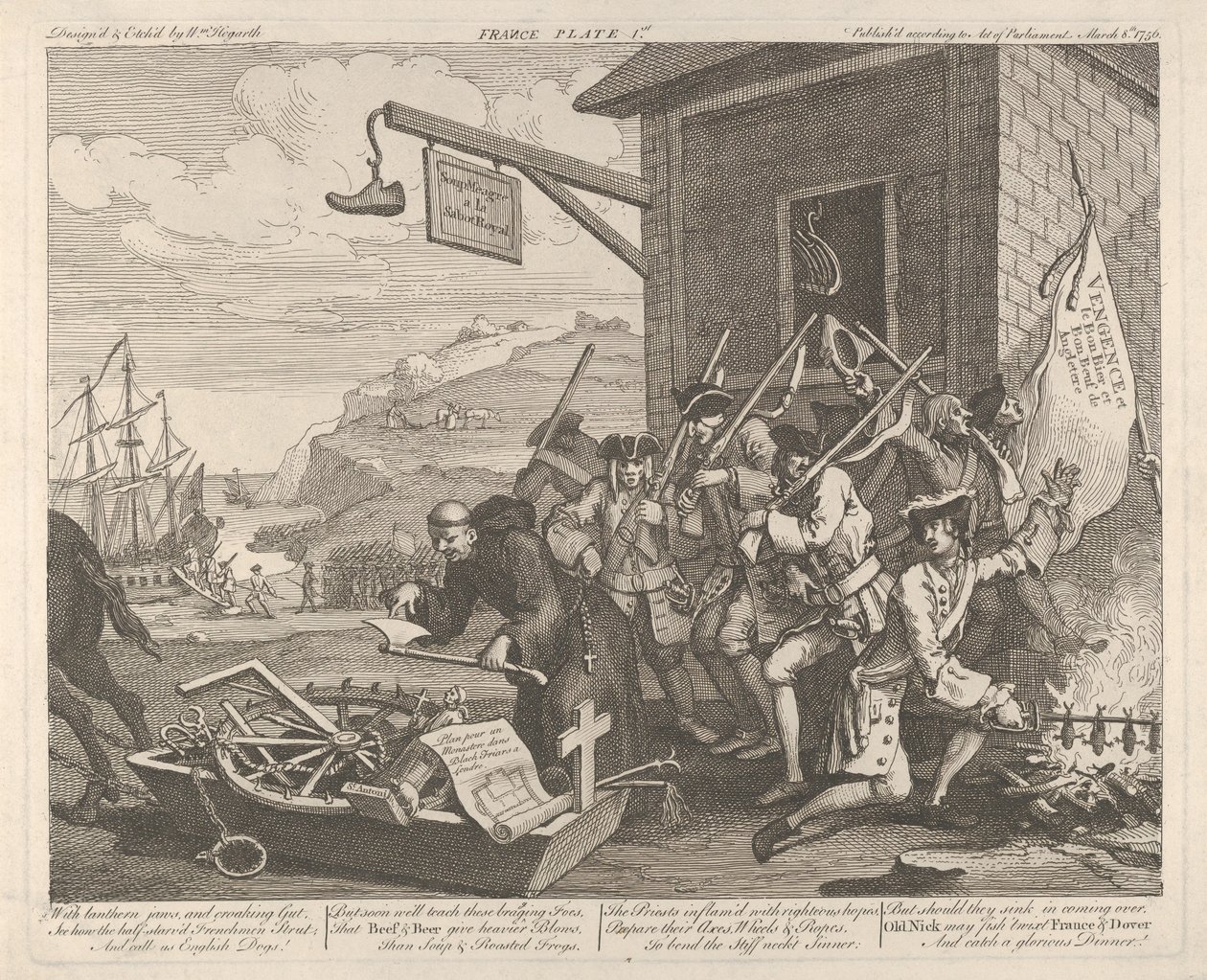 Invasjonen, plansje 1: Frankrike av William Hogarth
