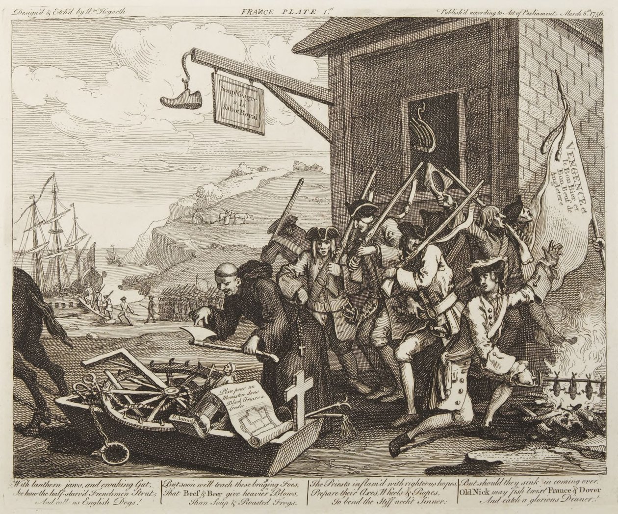 Invasjonen, plansje 1: Frankrike av William Hogarth