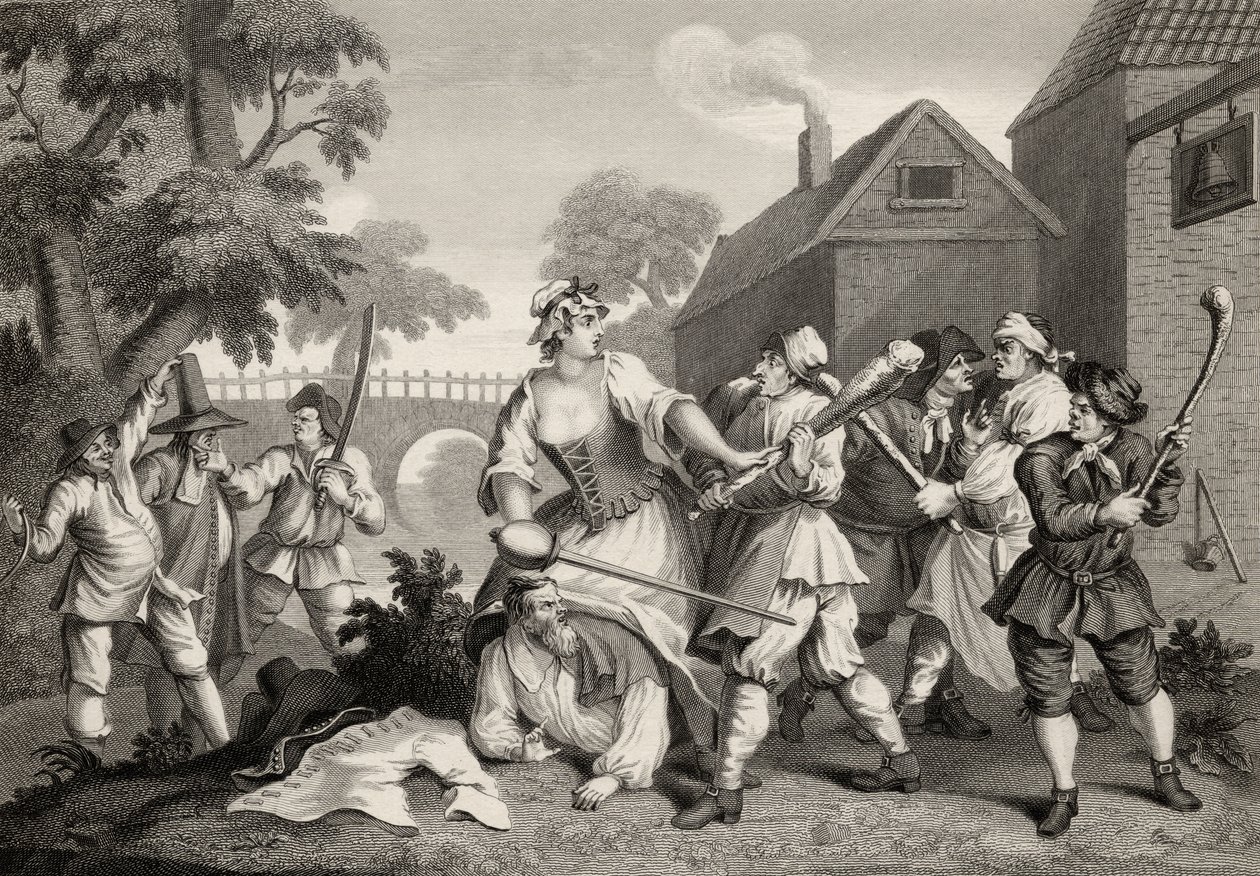 The Knight Submits to Trulla, fra 'Hudibras' av Samuel Butler (1612-80) gravert av FF Walker, fra 'The Works of William Hogarth', utgitt 1833 av William Hogarth