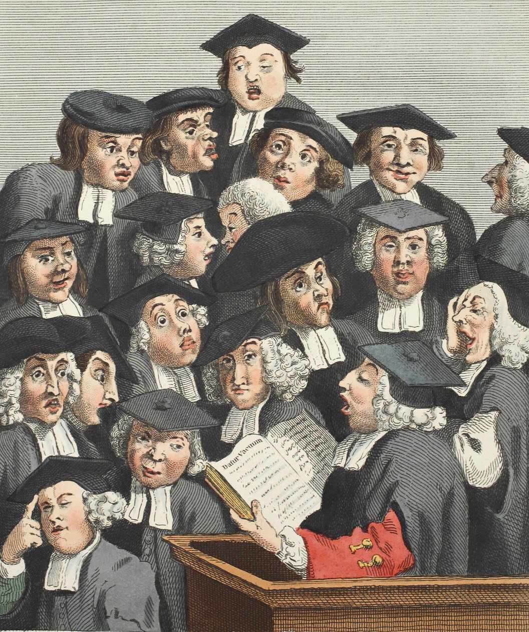 Forelesningen, illustrasjon fra 'Hogarth Restored: The Whole Works of the celebrated William Hogarth, re-graved by Thomas Cook', pub. 1812 (håndfarget gravering) av William Hogarth