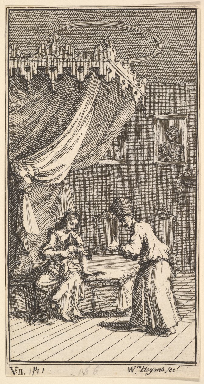The New Metamorphosis, Plate 5: Fantasio, Transformed into a Lapdog, i med Donna The..., 1724. av William Hogarth