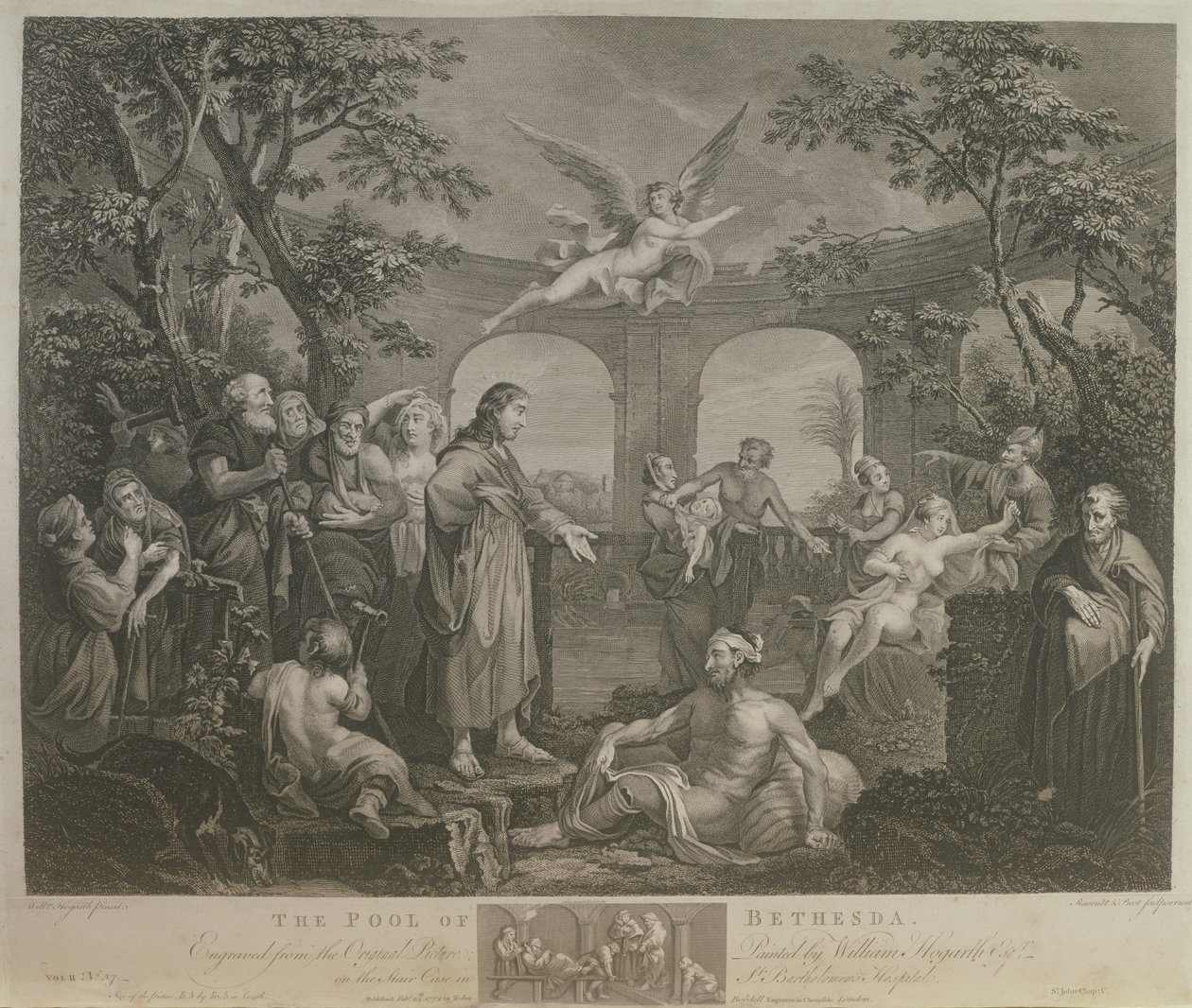 The Pool of Bethesda, gravert av J.M. Delatre og Simon Francis Ravenet, utgitt av John Boydell (1719-1804) 1772 av William Hogarth