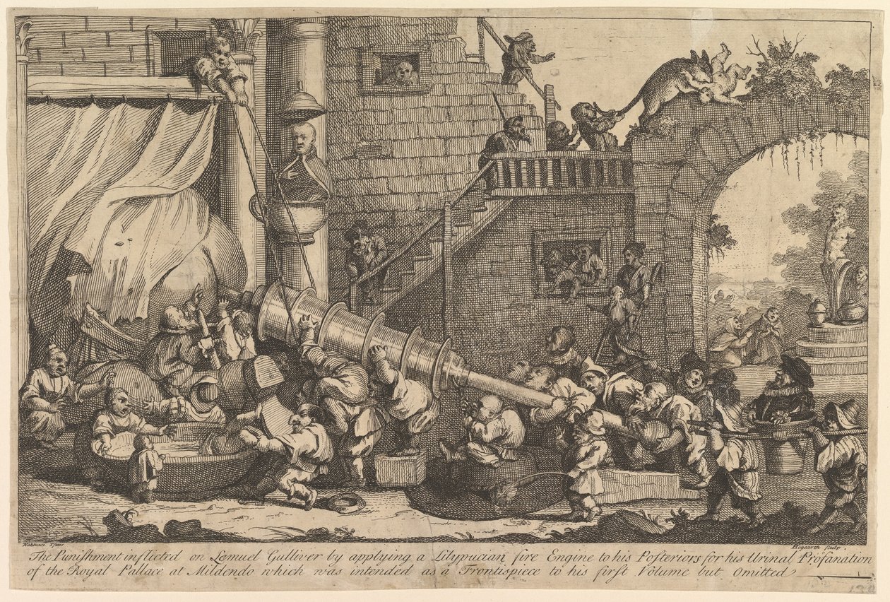 Straffen påført Lemuel Gulliver, desember 1726. av William Hogarth