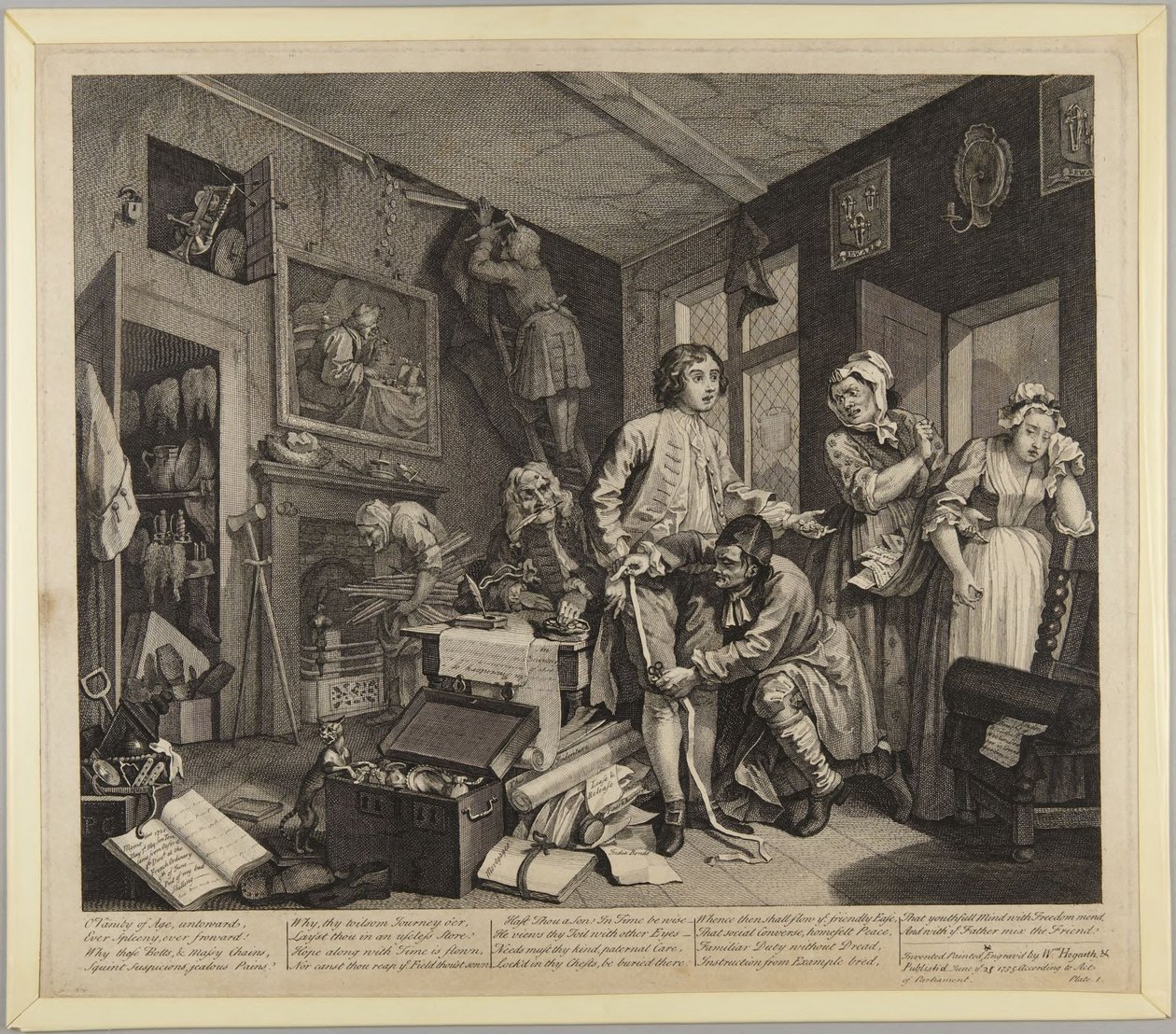 Den unge arvingen tar eiendommen i besittelse, tavle 1 fra En rakes liv av William Hogarth