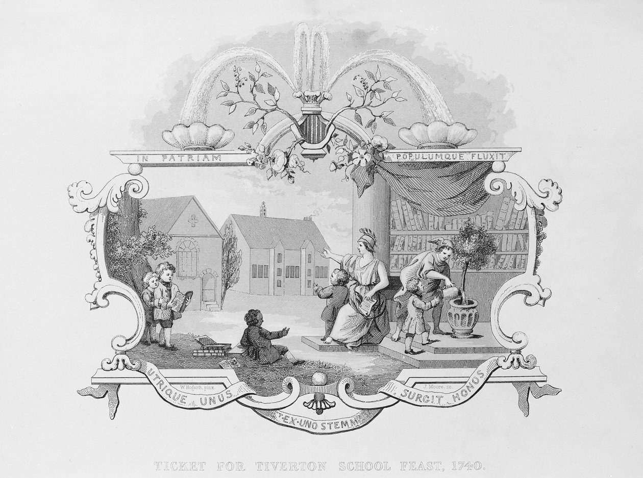 Billett til Tiverton School Feast, 1740, gravert av J. Moore av William Hogarth