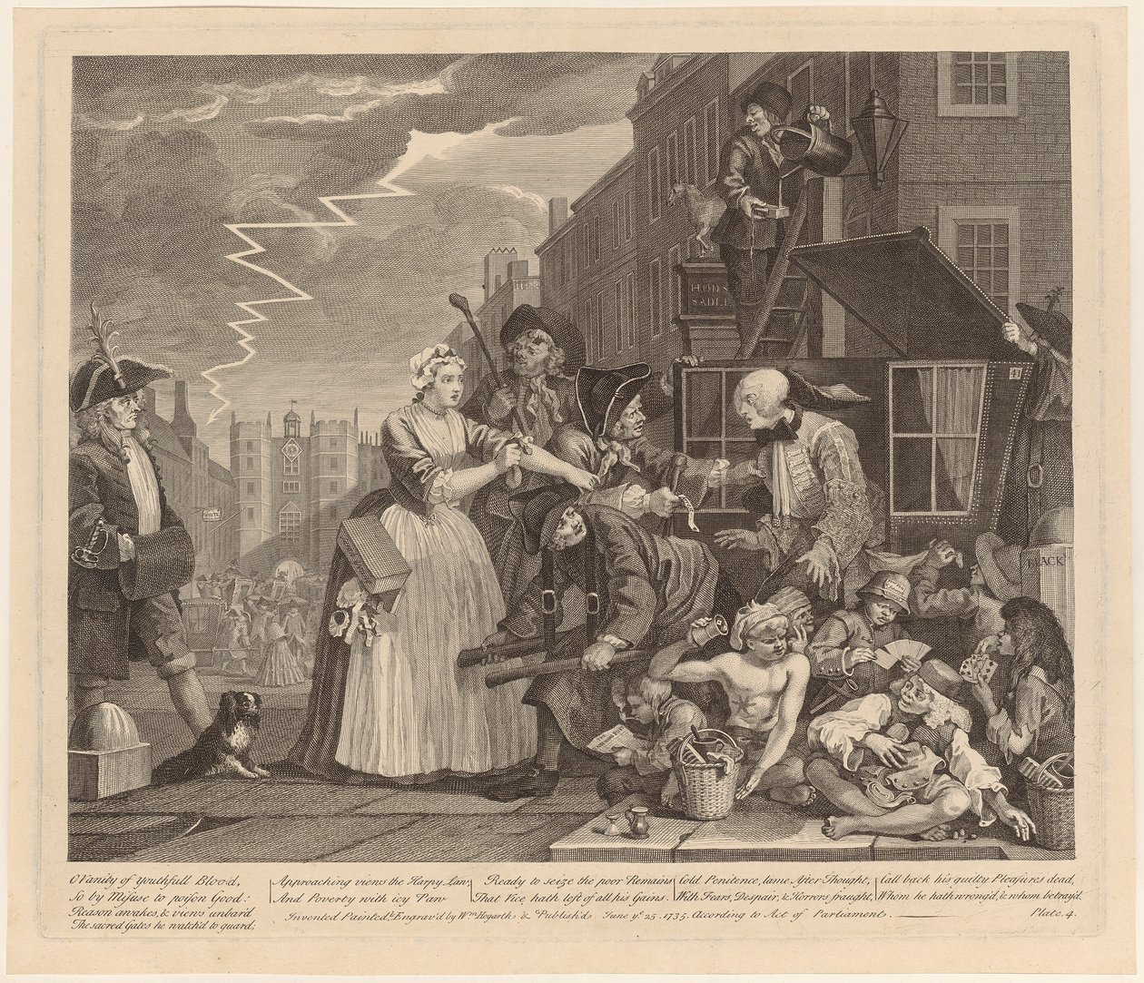 Arrestert for gjeld, tavle 4 fra serien «En libertiners liv» av William Hogarth