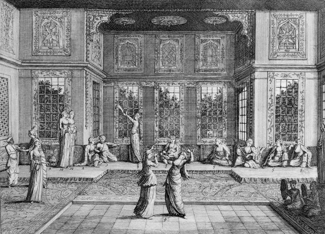 Kvinner som danser i Harem, fra "Voyages of Sr A. de la Motraye in Europe, Asia and Africa", publisert 1723, av William Hogarth