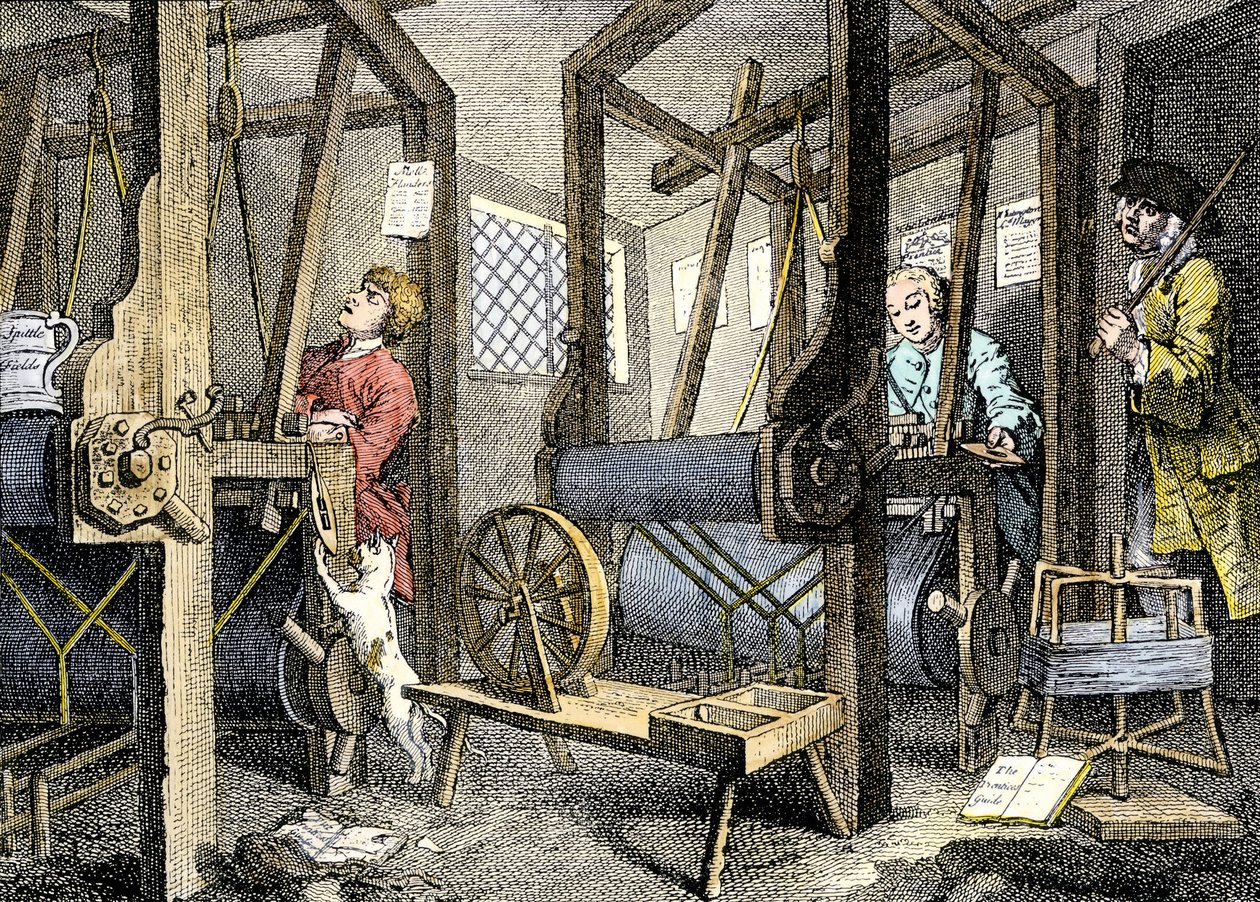 Verksted og arbeider med vevemateriale i Spitalfields, England av William Hogarth