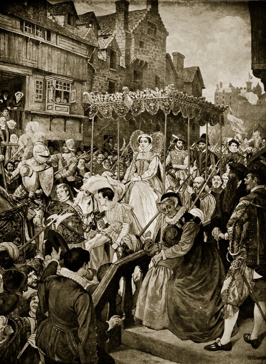 Mary Queen of Scots kommer inn i Edinburgh, 1561, illustrasjon fra 'Hutchinson's Story of the British Nation', ca. 1923 av William Hole