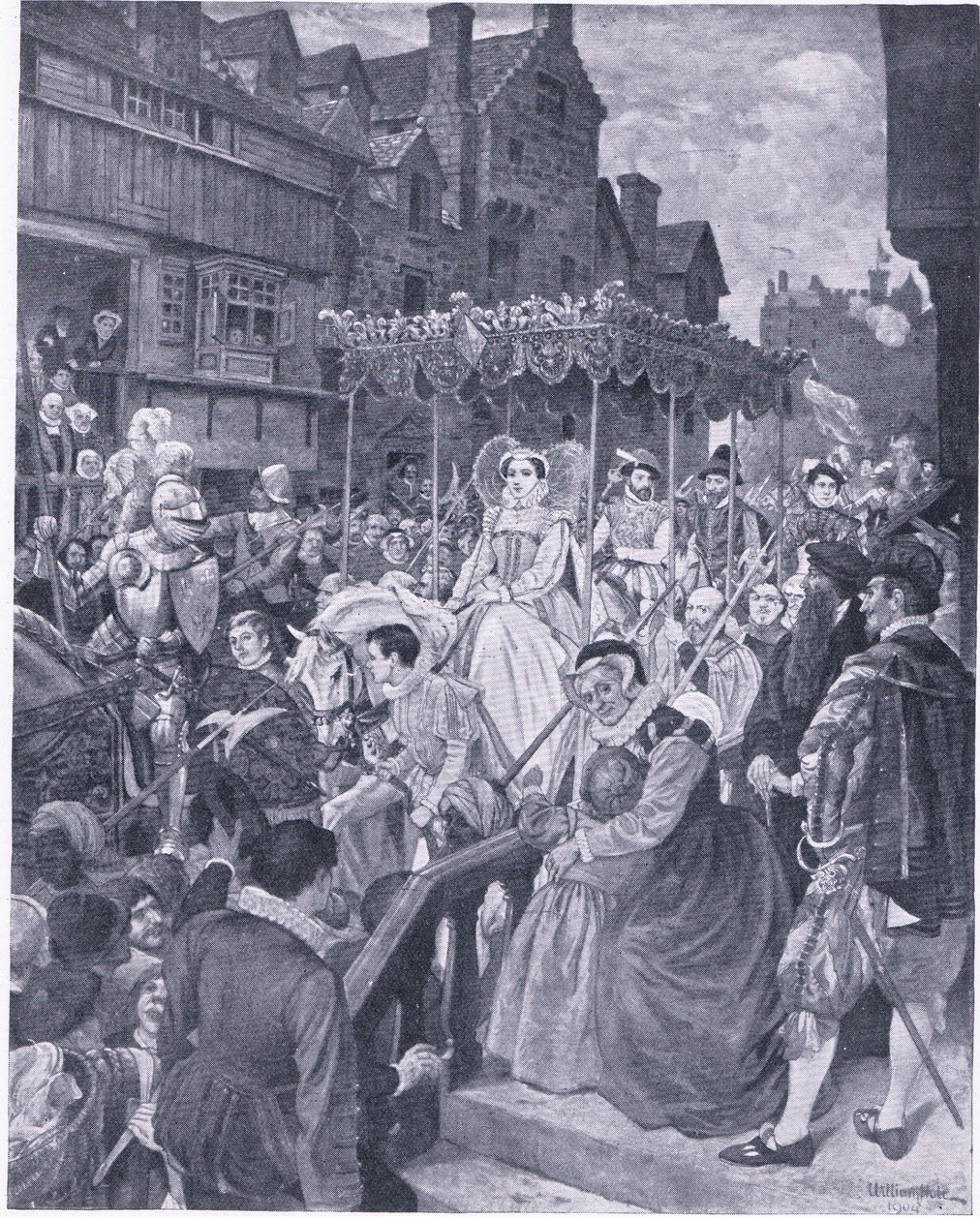 Queen Marys statsinntreden i Edinburgh 1561, fra Cassells History of the British People utgitt av Waverley Book Company, ca. 1950-tallet (litho) av William Hole