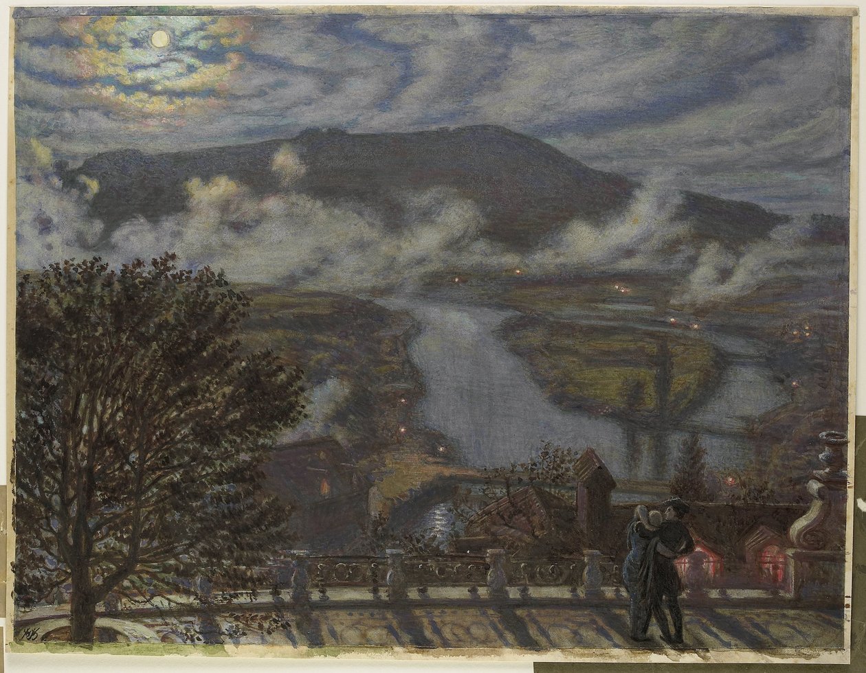 Utsikt fra terrasse av elvelandskap om natten The Terrace, Berne (tittel på objekt) av William Holman Hunt