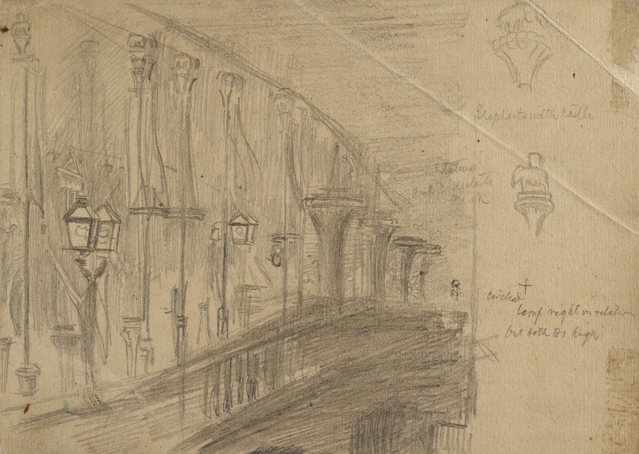 Recto: Studie av London Bridge for 'London Bridge on the Night of the Marriage of the Prince and Princess of Wales', 1863 (grafitt på brunpapir) av William Holman Hunt