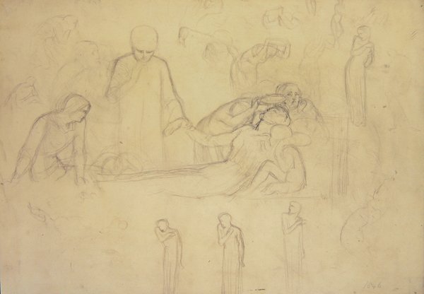 Studier for figurene til legen, sørgende og Minerva av William Holman Hunt