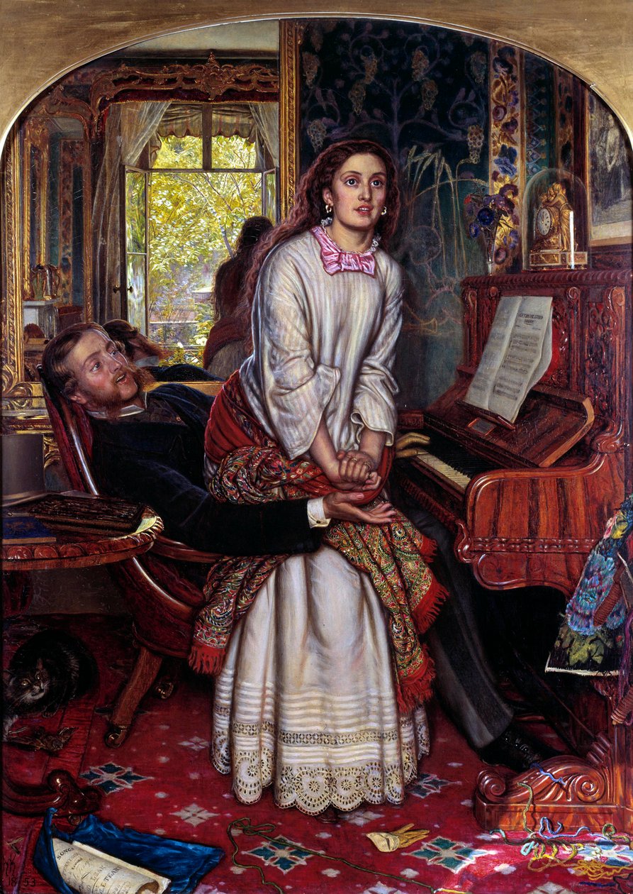 Den våkne bevisstheten En ung kvinne i synd hopper plutselig, plaget av åndelig åpenbaring, og søker å unnslippe sin elskers armer. Maleri av William Holman Hunt (1827-1910) av William Holman Hunt