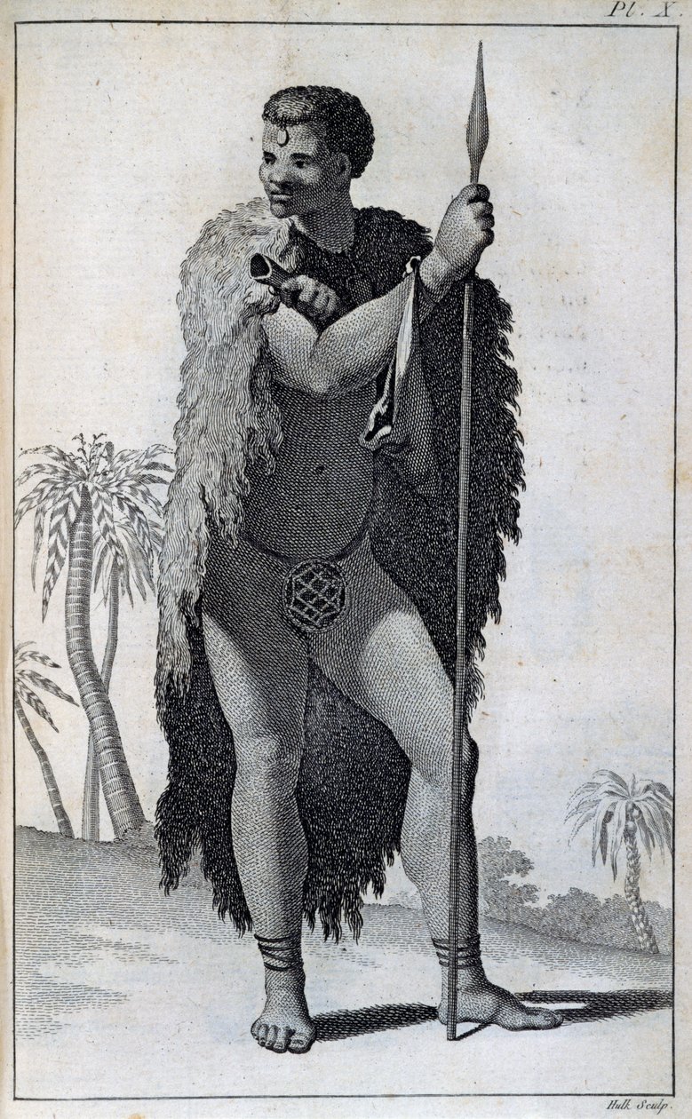 Khoikhoi-mannen (Hottentot), fra Travels of Le Vaillant inn i de indre delene av Afrika via Kapp det gode håp, i årene 1783 av William Home Lizars