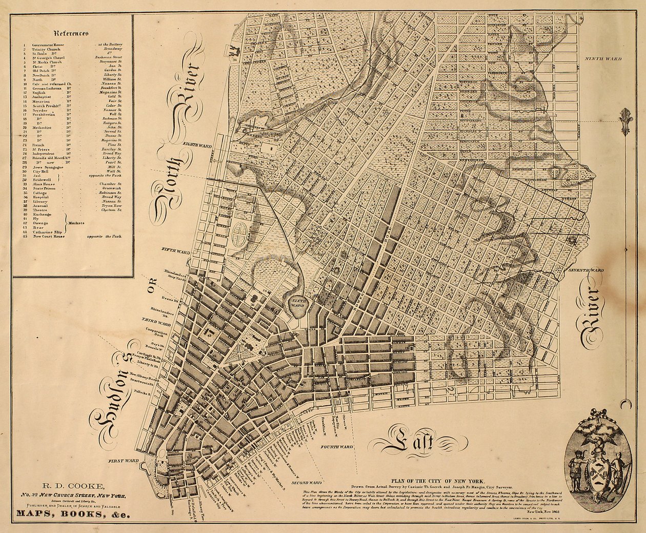Plan for byen New-York [så langt nord som East 31st Street], 1817 (svart blekk på papir, støttet med stoff) av William Hooker
