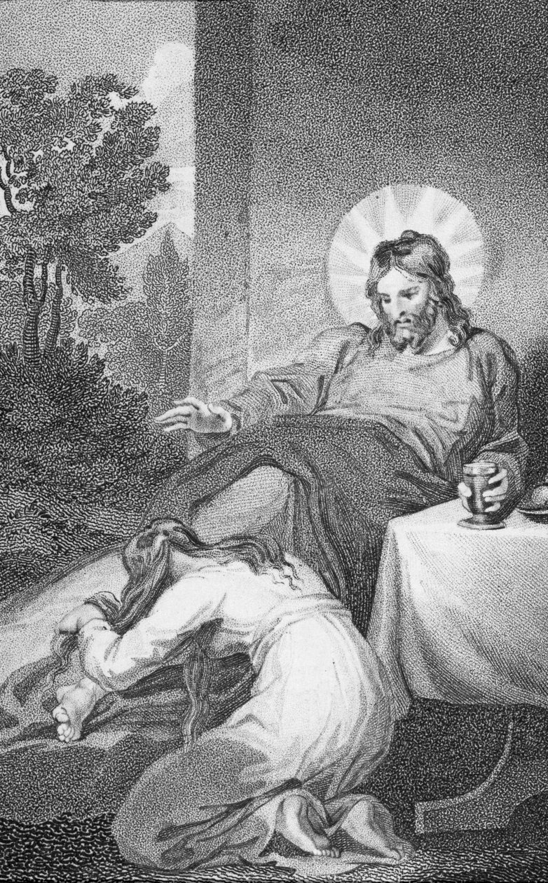 Mary Ointing The Saviour's Feet, fra 'The History and Life of Our Blessed Lord and Savior Jesus Christ', av pastor J. Milner, utgitt av B. Crosby, 1808 av William Hopwood