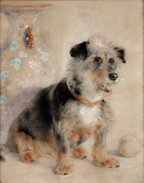 Terrier sitter foran en Canton Famille Rose Vase av William Huggins