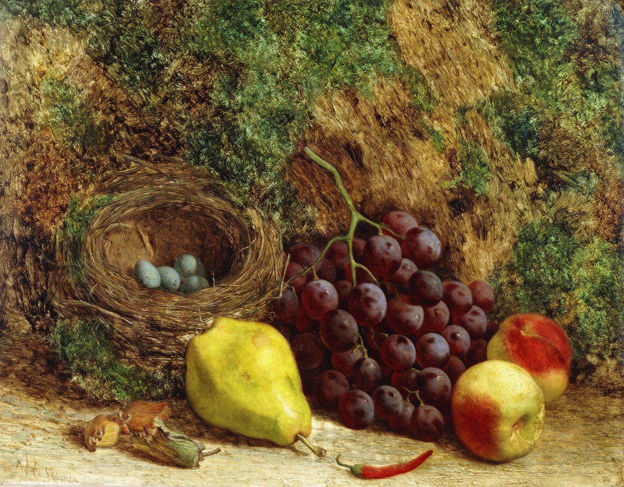 Druer, en pære, fersken og et fuglerede ved en mosebank, 1864 av William Hughes