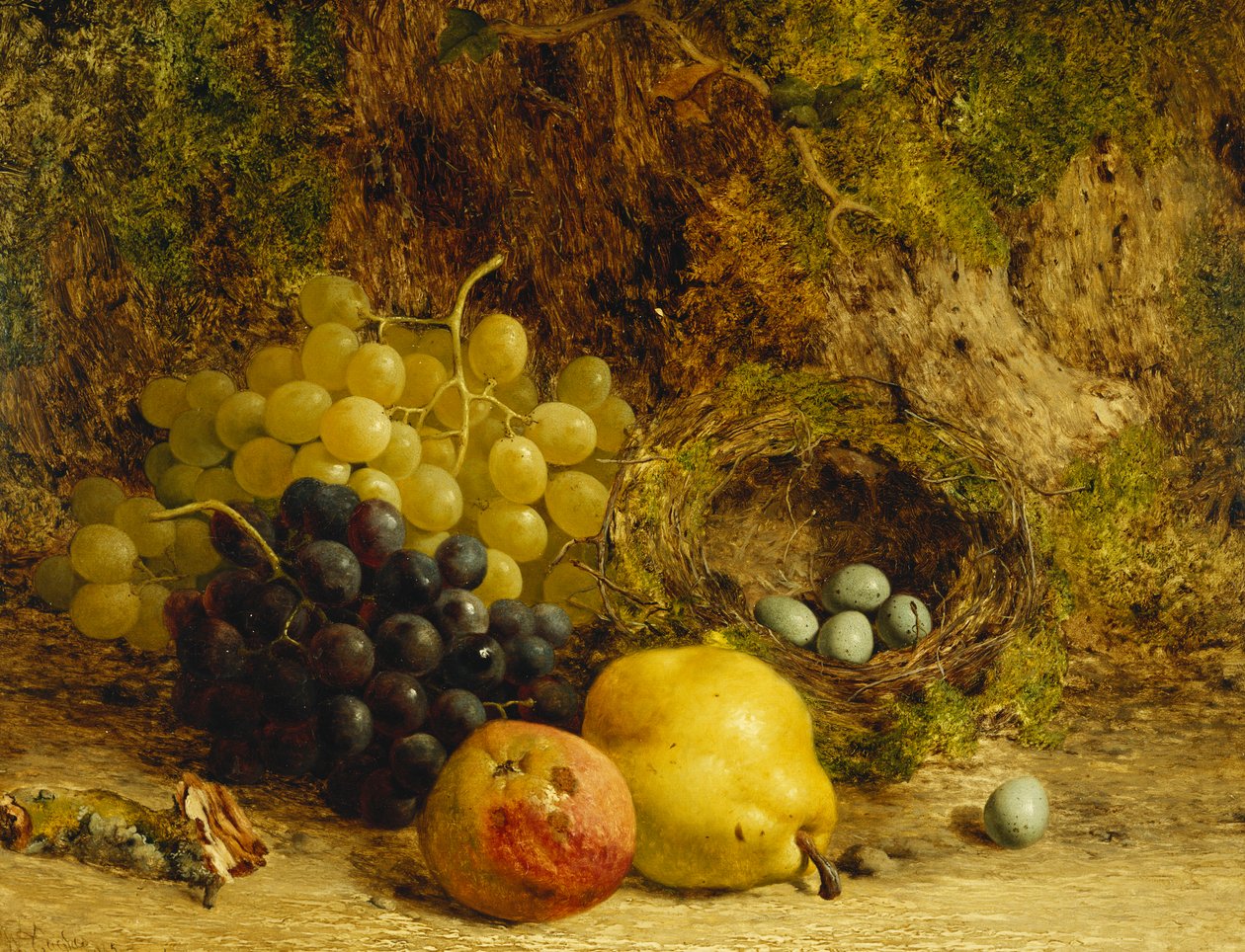 Druer, et eple, en pære og et fuglerede på en mosegrodd bredd, 1865 av William Hughes