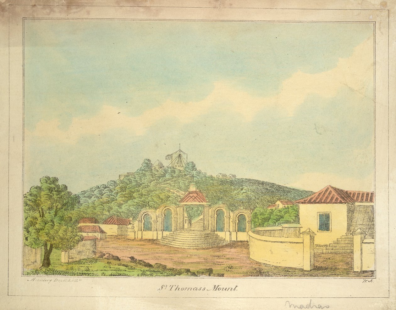 St Thomas-fjellet ved Madras, ca. 1830 (farget gravering) av William Hunsley