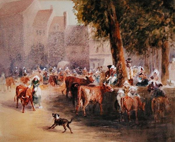 Tidlig morgen i landsbyens storfemarked (akvarell på papir) av William Hunt