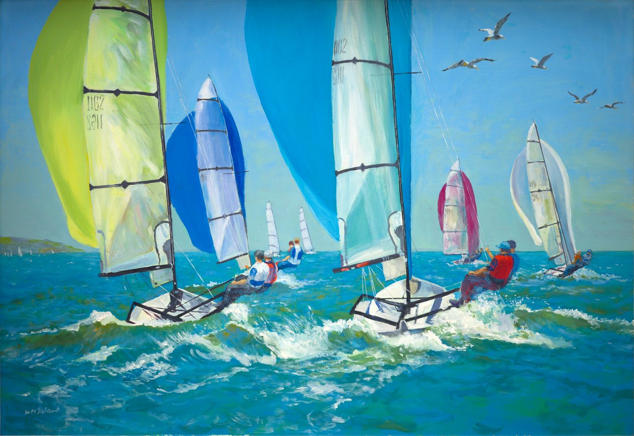 Båter med spinnaker ute (olje om bord) av William Ireland