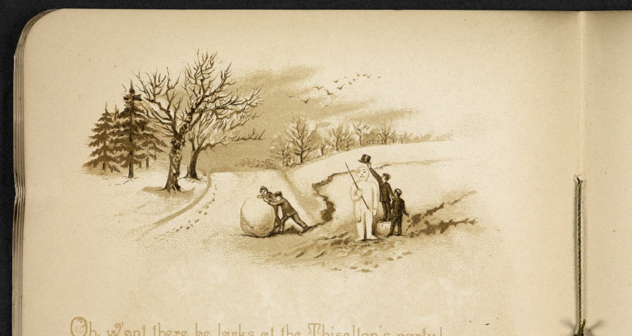 Barn og en snømann. The Holiday Train: en sang av "Dulce Domum" ... Illustrert av W. J. Webb.  Frederick Langbridge  London, 1891 av William J. Webbe or Webb