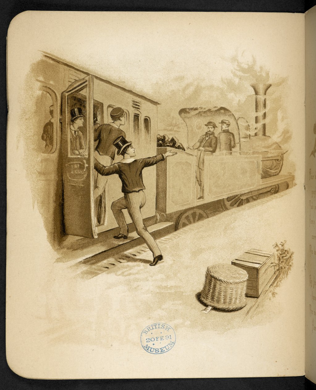 Å sette seg på et damptog.  The Holiday Train: en sang av "Dulce Domum" ... Illustrert av W. J. Webb.  Frederick Langbridge  London, 1891 av William J. Webbe or Webb