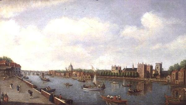 Utsikt over Themsen ved Lambeth Palace, ca. 1770 av William James
