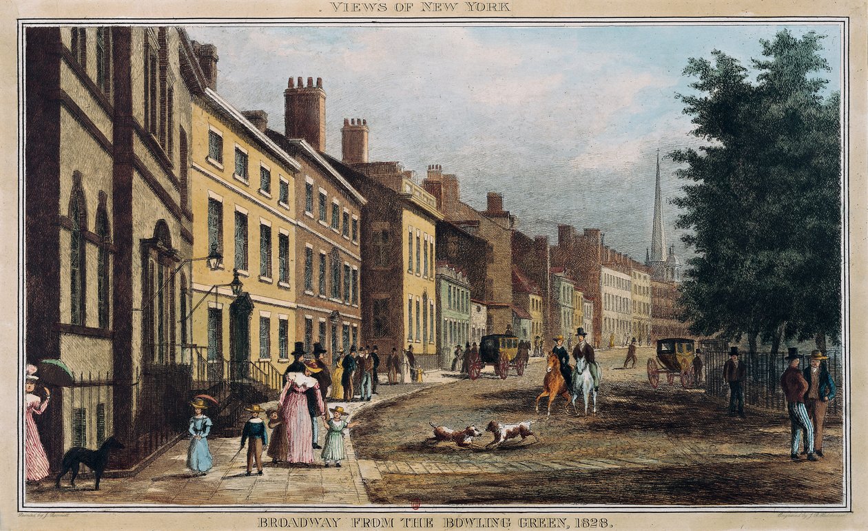 Broad Way from the Bowling Green, gravert av J.R. Hutchinson, 1828 av William James Bennett