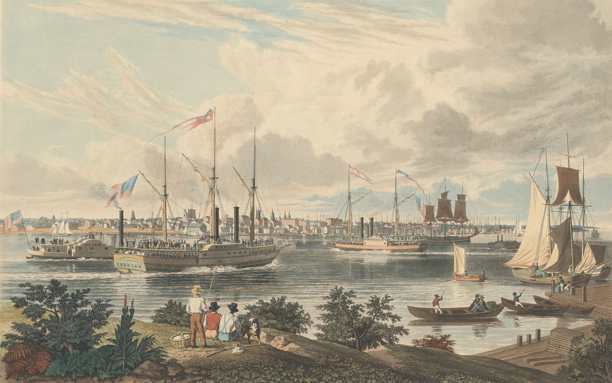 City of Detroit, Michigan: Tatt fra Canada Shore nær fergen, publisert 1837. av William James Bennett