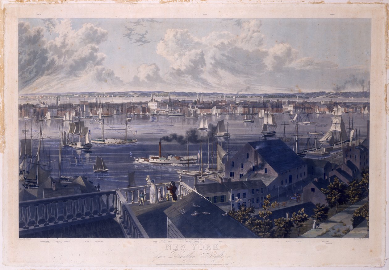 New York fra Brooklyn Heights, 1837 (håndfarget etsning og akvatint) av William James Bennett