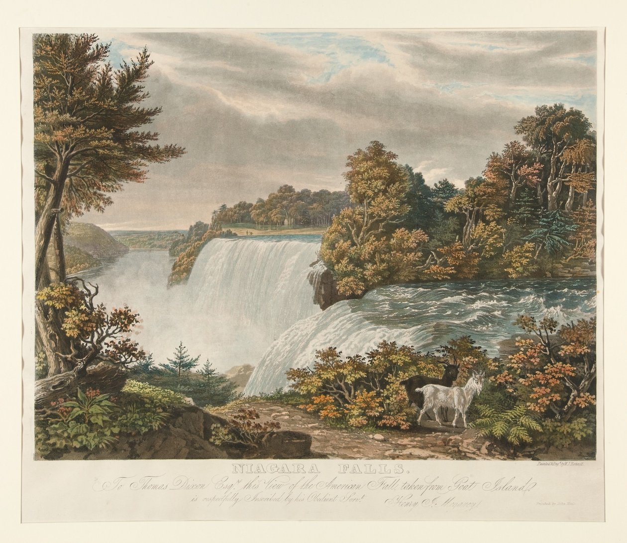 Niagarafallene. Til Thomas Dixon Esq. er denne utsikten over American Fall, sett fra Goat Island, ærbødig tilegnet av William James Bennett