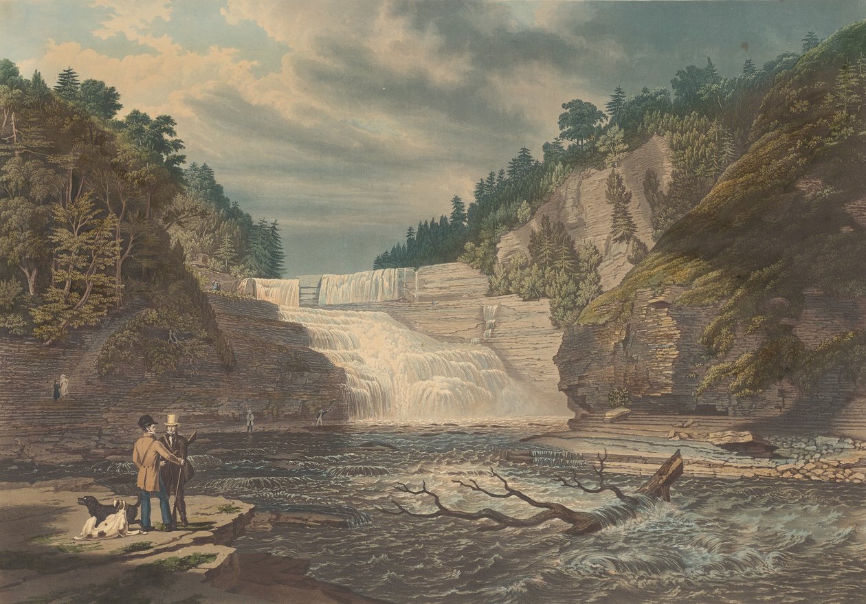 View of the High Falls of Trenton: West Canada Creek, NY, publisert 1835. av William James Bennett